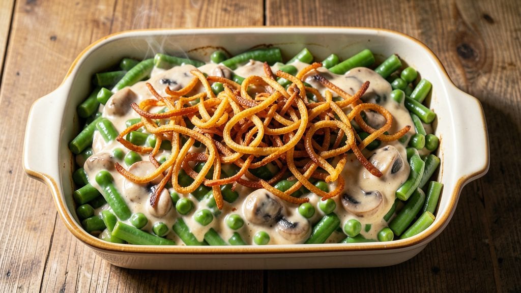 Campbell's Green Bean Casserole Dish Recipe: Golden Fried Onions and Creamy Mushroom Layers